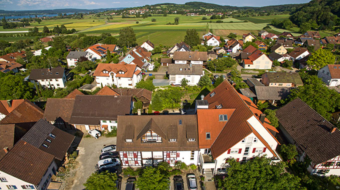 Aerial view of the Sternen, Höri peninsula and Lake Constance in the background